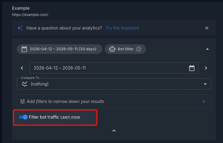 Page Analytics report controls with the Filter bot traffic toggle on and a Bot filter chip active