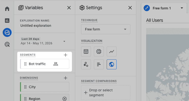 GA4 exploration variables panel showing the saved Bot traffic segment ready to apply