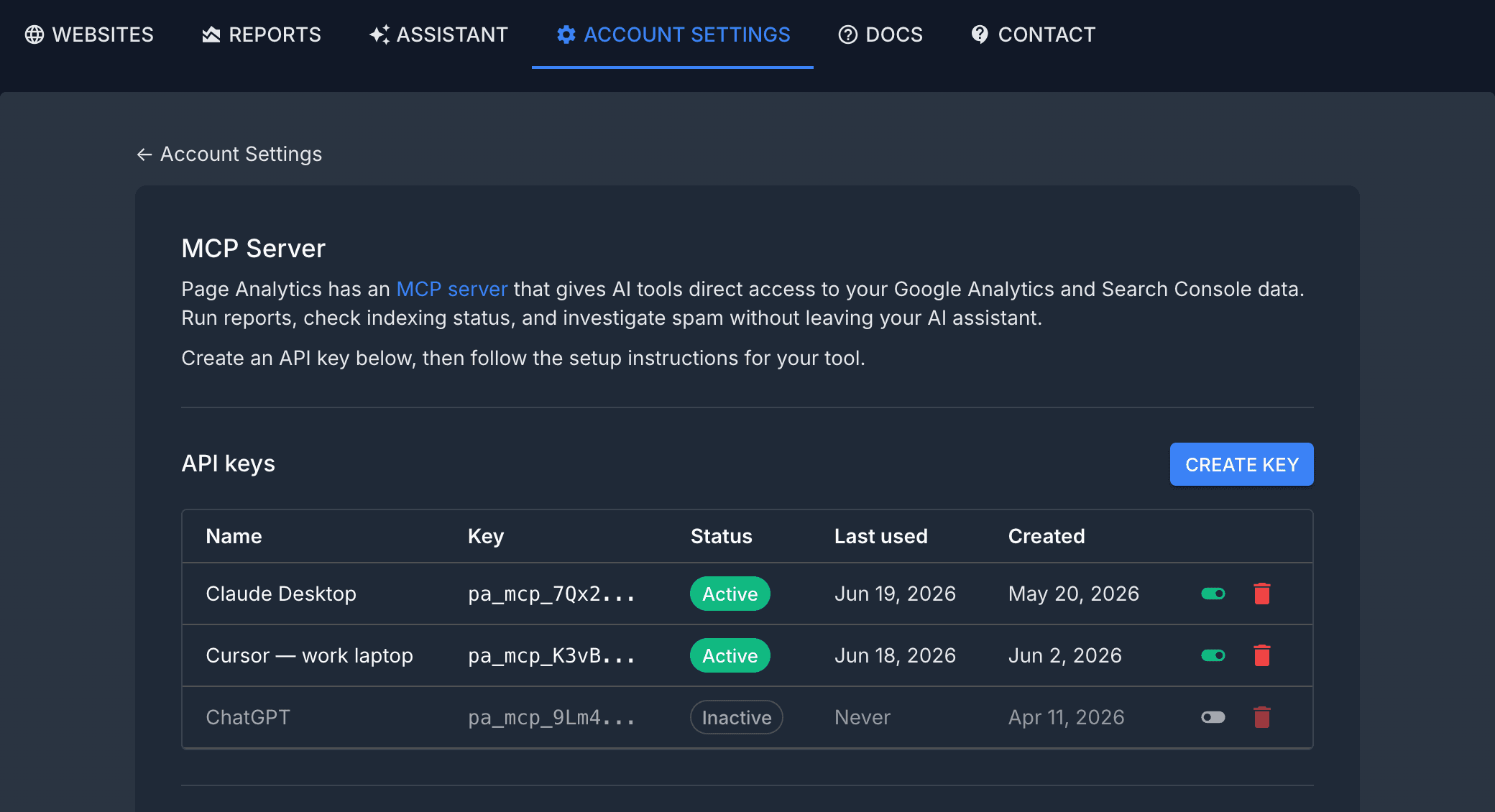The MCP API keys list in Account Settings, showing each key's name, prefix, active status, last used date, and created date