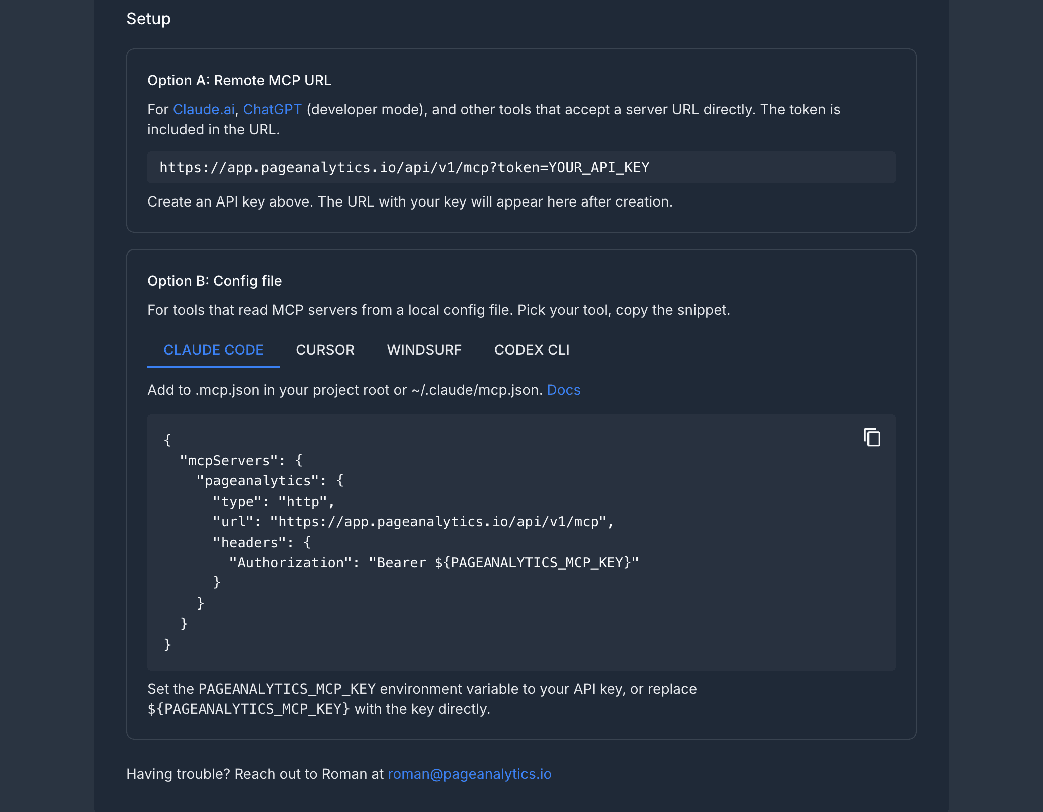 The MCP setup instructions: the remote server URL for tools that take a URL directly, and a copyable config snippet for Claude Code, Cursor, Windsurf, and Codex CLI