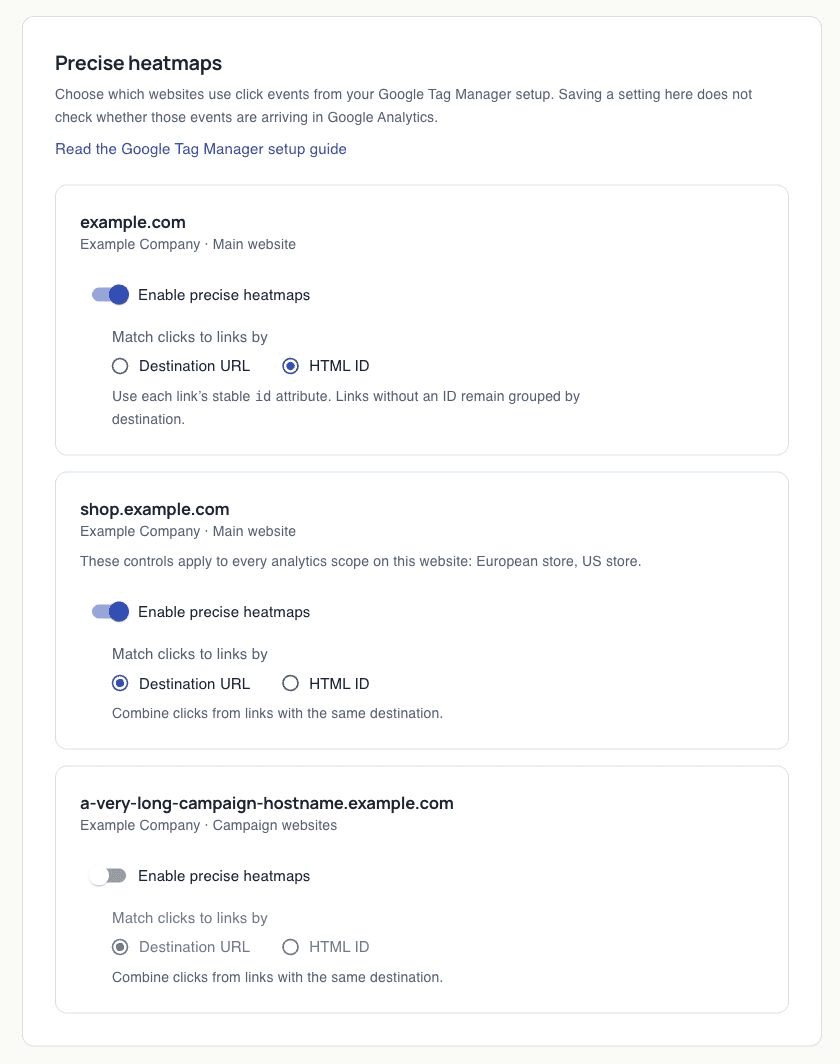 Precise heatmap settings for a website, with clicks matched to links by HTML ID