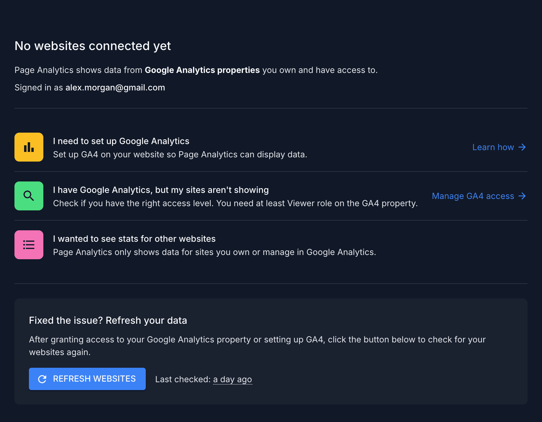 The Page Analytics dashboard empty state, showing the signed-in Google account and suggestions for connecting websites