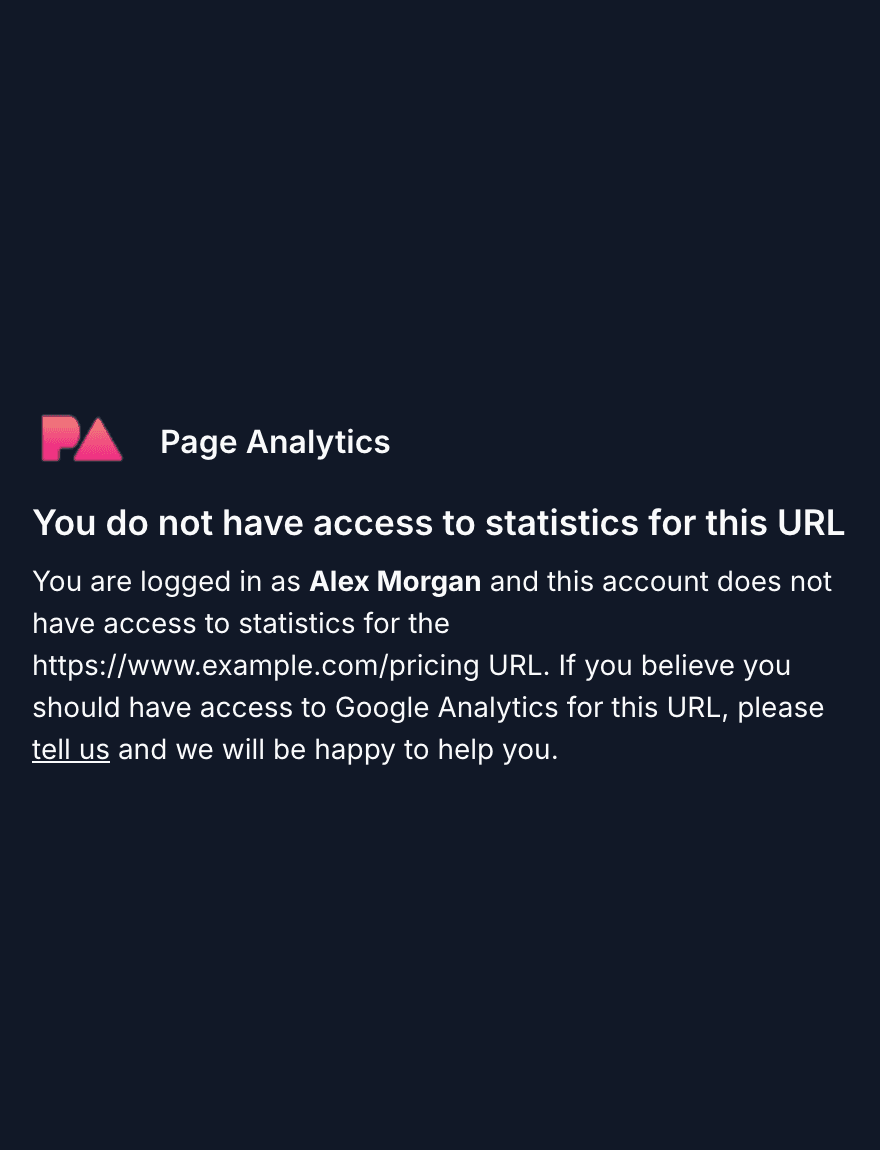 The Page Analytics sidebar showing that the signed-in account has no access to statistics for the current URL