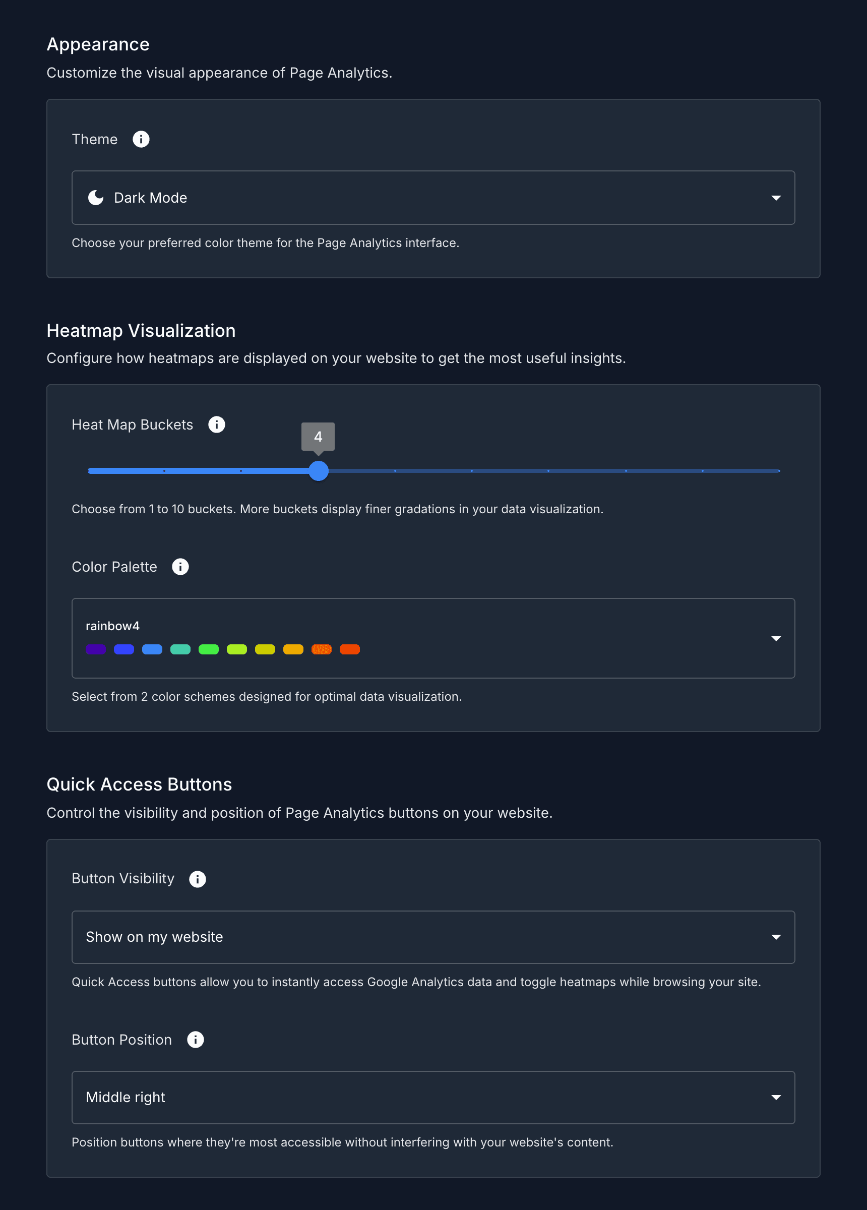 Account Settings in the Page Analytics dashboard: appearance theme, heatmap buckets and color palette, and the quick access button visibility and position