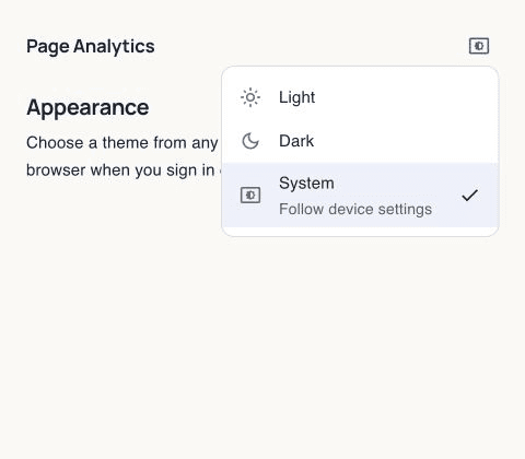 The theme menu with Light, Dark, and System options, with System selected