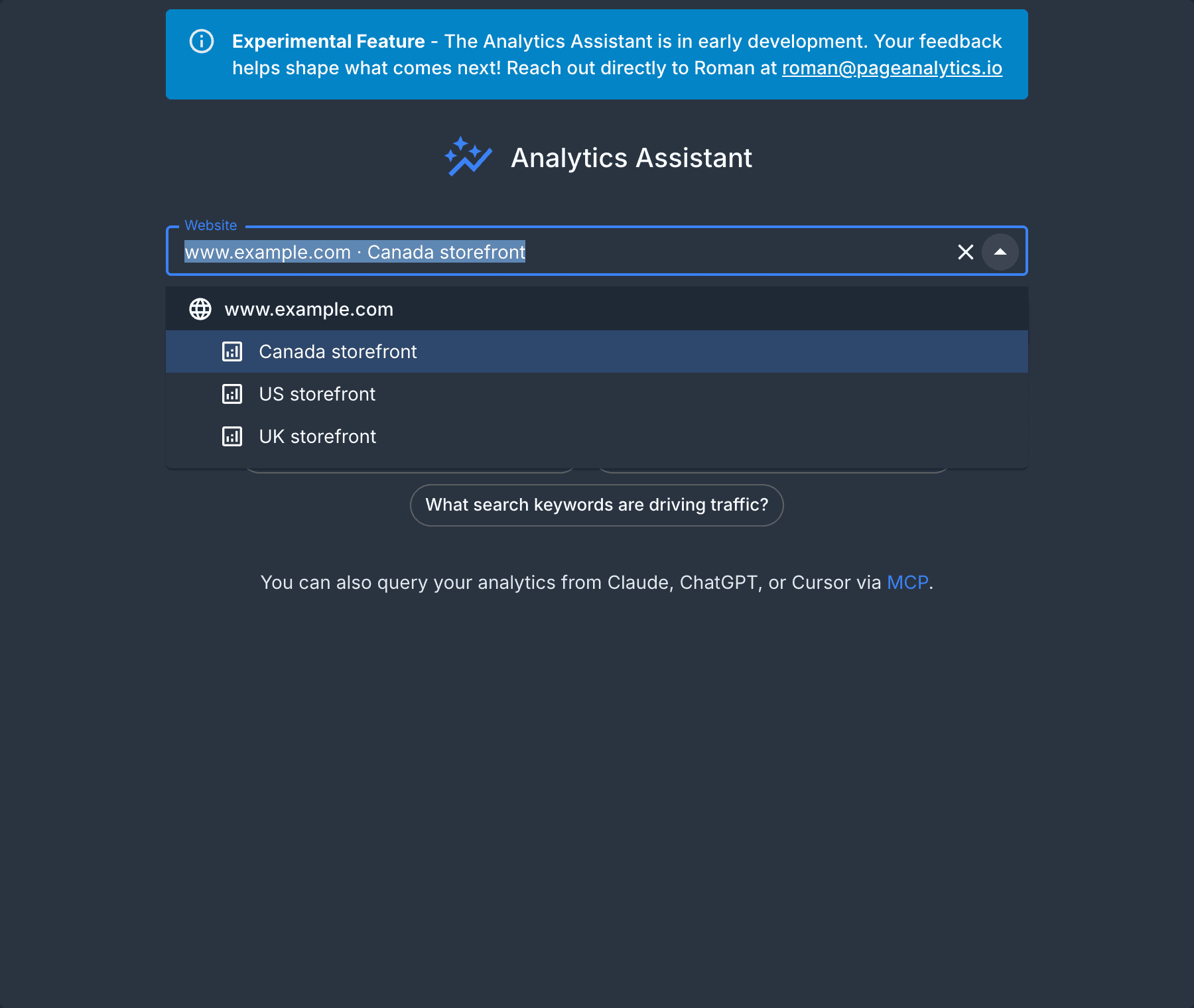 AI assistant website picker grouping Canada, US, and UK analytics sections beneath one website