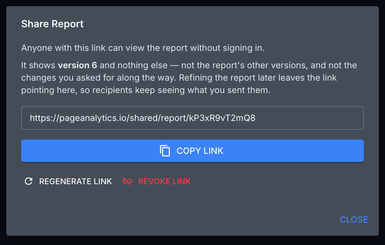 The share dialog for a refined report, naming the version the link points at, with the link itself and buttons to copy, regenerate, or revoke it