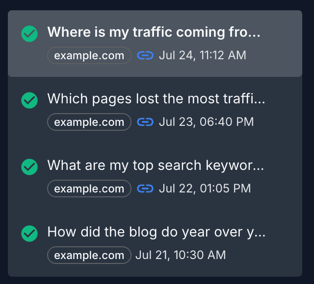 Report history with a link icon on the reports that have a shared version, and none on the report that has never been shared