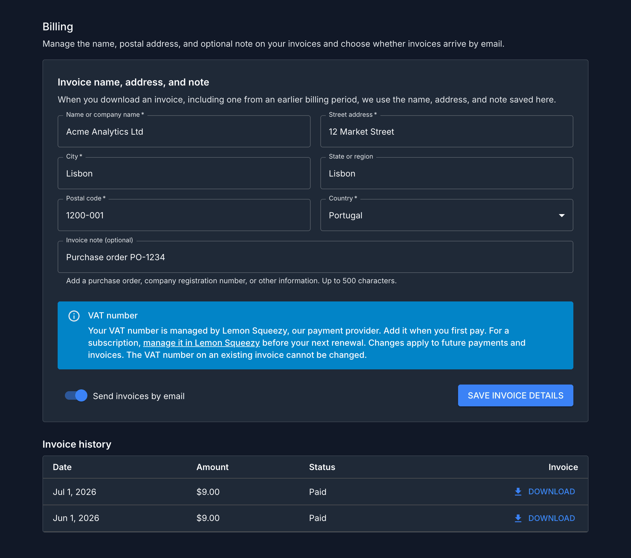 Billing settings with the invoice name, address, and optional note form, VAT information, invoice email preference, and invoice history