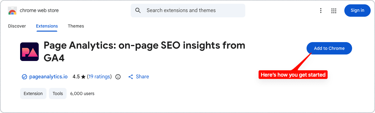 Page Analytics on the Chrome Web Store, with the Add to Chrome button