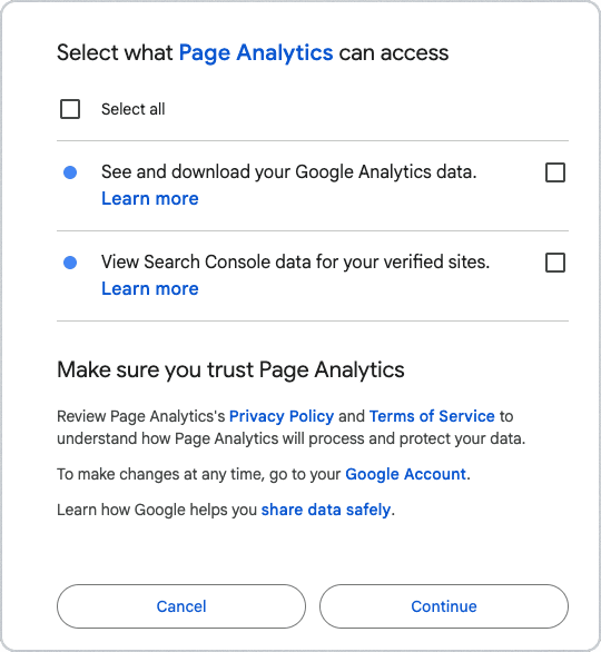 Google consent screen showing the Analytics and Search Console permissions