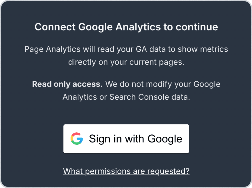 Page Analytics connect screen with the Sign in with Google button